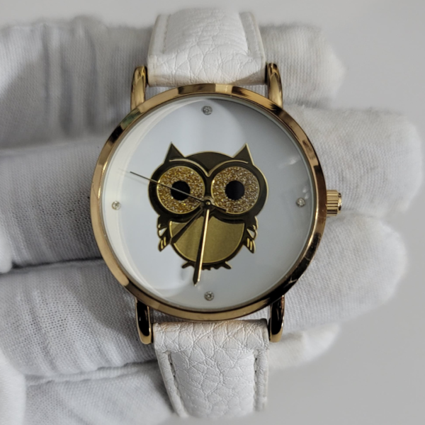 Owl Theme White & Gold Stainless Steel Back Leather Stripes Wristwatch