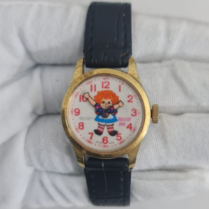 Raggedy Ann Theme Stainless Steel Back Swiss Made Leather Stripes Wristwatch