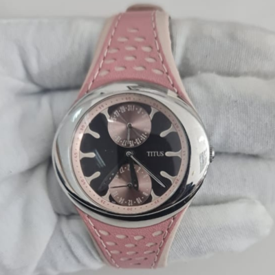 Titus 06-0789 Stainless Steel Back Pink Leather Stripe Wristwatch