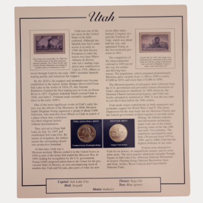 Utah The Beehive State 1896 With Utah Statehood Quarter-Dollars Coins 2007 & State Stamps