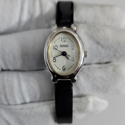 Vintage Guess Black Leather Stripes Japan Movement Wristwatch