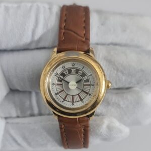 Vintage Guess Stainless Steel Back Japan Movement Leather Stripes Ladies Wristwatch 1996 1