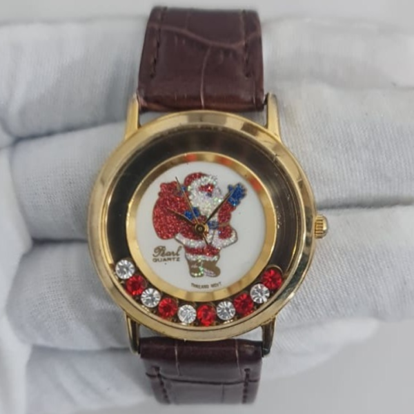 Vintage Speidel Leather Sant Claus Christmas Wristwatch Moving Crystals