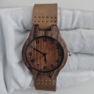 Wood Dial Stainless Steel Back Leather Stripes Wristwatch 2 1