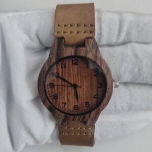 Wood Dial Stainless Steel Back Leather Stripes Wristwatch 2 2