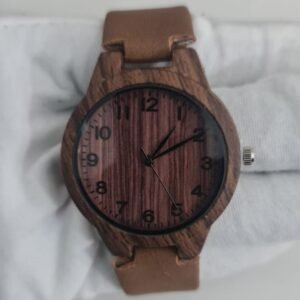 Wood Dial Stainless Steel Back Leather Stripes Wristwatch 3 1