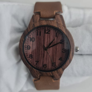 Wood Dial Stainless Steel Back Leather Stripes Wristwatch 3