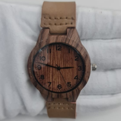 Wood Dial Stainless Steel Back Leather Stripes Wristwatch