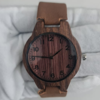 Wood Dial Stainless Steel Back Leather Stripes Wristwatch
