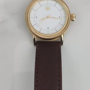 Gold Tone Dial Stainless Steel Back Leather Stripes Ladies Wristwatch 3