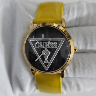 Guess Gold Tone Dial Yellow Leather Stripes Ladies Wristwatch