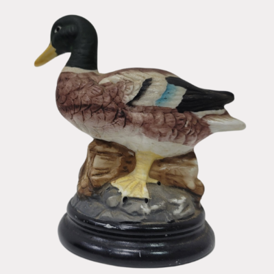 Vintage Duck on Pedestal Porcelain Duck Figurine Green Brown Rust Beige