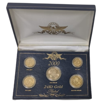 One Cent, Five Cents, Ten Cents, Quarter Dollars & One Dollor 24kt Gold Plated Proof Coins Collection Of United States Of America