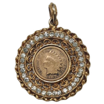 Vintage 1907 Indian Head Penny In Gold Tone Pendant
