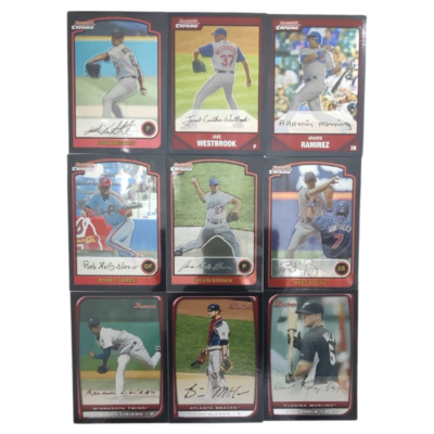 Bowman Baseball Card Collection #34 (9 Cards) With Printed Signatures Of Players Brian McCann, Francisco Liriano, Dan Uggla, Bret Boone & Kevin Brown etc.