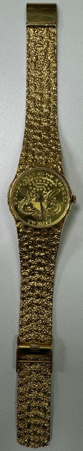 20 Dollar Faux Gold Coin Watch & Nugget Band Gold Tone Hong Kong Made Ladies Wristwatch 3