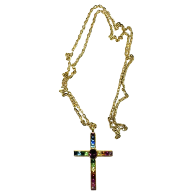 Gold Tone Stones Embed Cross Pendent...