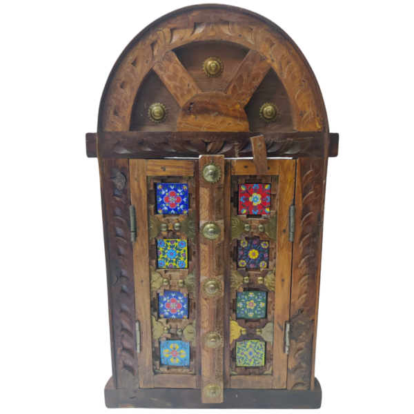 Vintage Open Door Hand Carved Ceramic Floral Tile Brass Mirror Frame Wall Hang