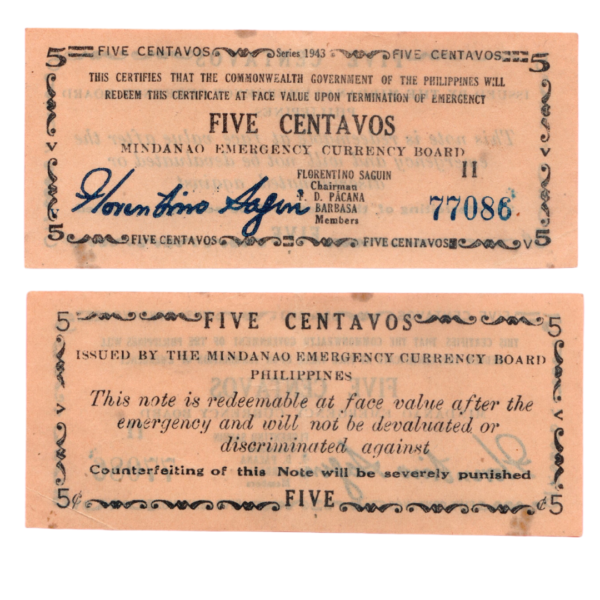 5 Centavos Mindanao Emergency Currency Philippines 1943 Banknote A