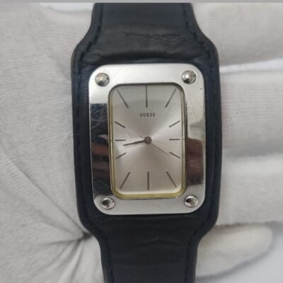 Guess Steel G66591 Silver Tone Black Leather Wristwatch